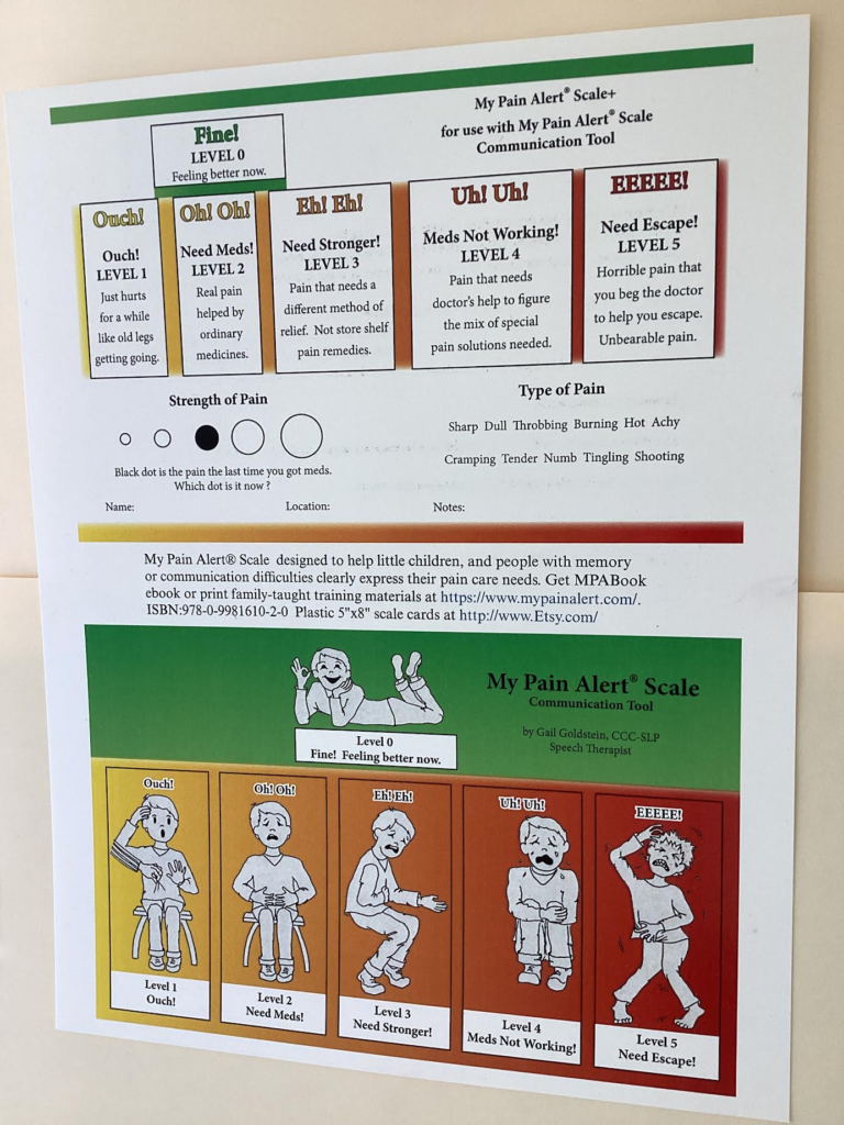 MPAS poster shows Word side over picture side of pain scale